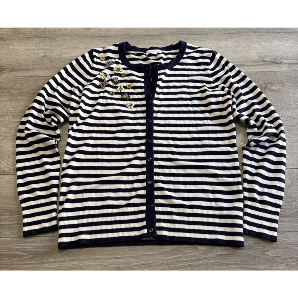 Charter Club Navy White Striped Cardigan Ceramic Flower Embellisment Women M